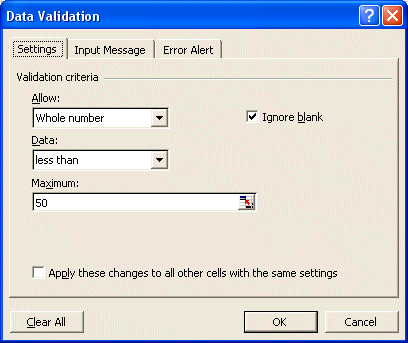 Data validation dialog box