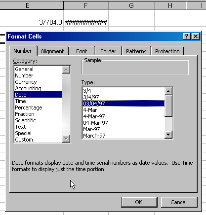 The Excel Format cells dialog box