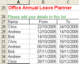 List of names and dates on which staff are booking their holidays