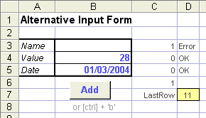 A simple Excel worksheet form for adding data to a list
