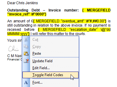 Word toggle field codes to edit switches