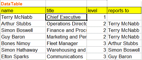 Extract from data table to be used in an organisation chart
