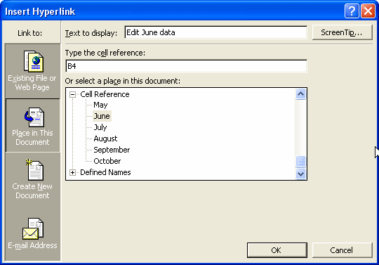 The Excel Hyperlinks dialog box - insert a link to another cell