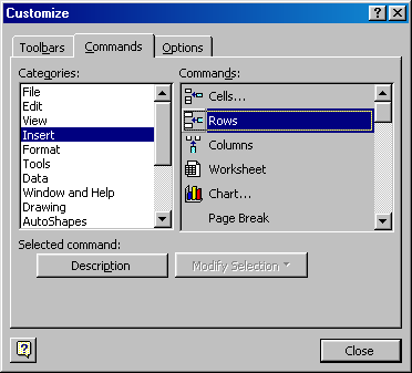 The dialog box for customising toolbars